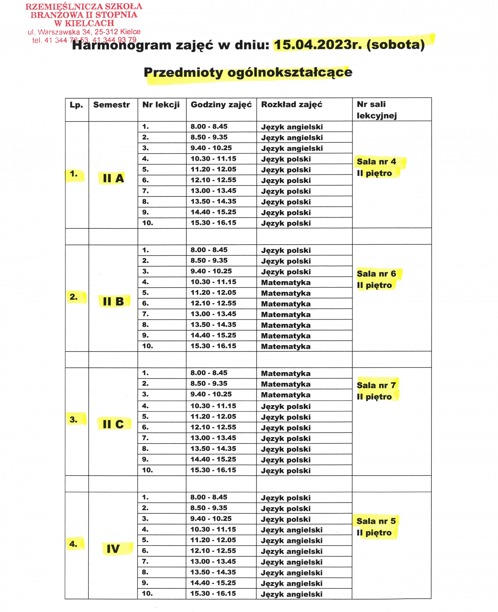 Harmonogram zajęć na zjazd 15.04.2023r.