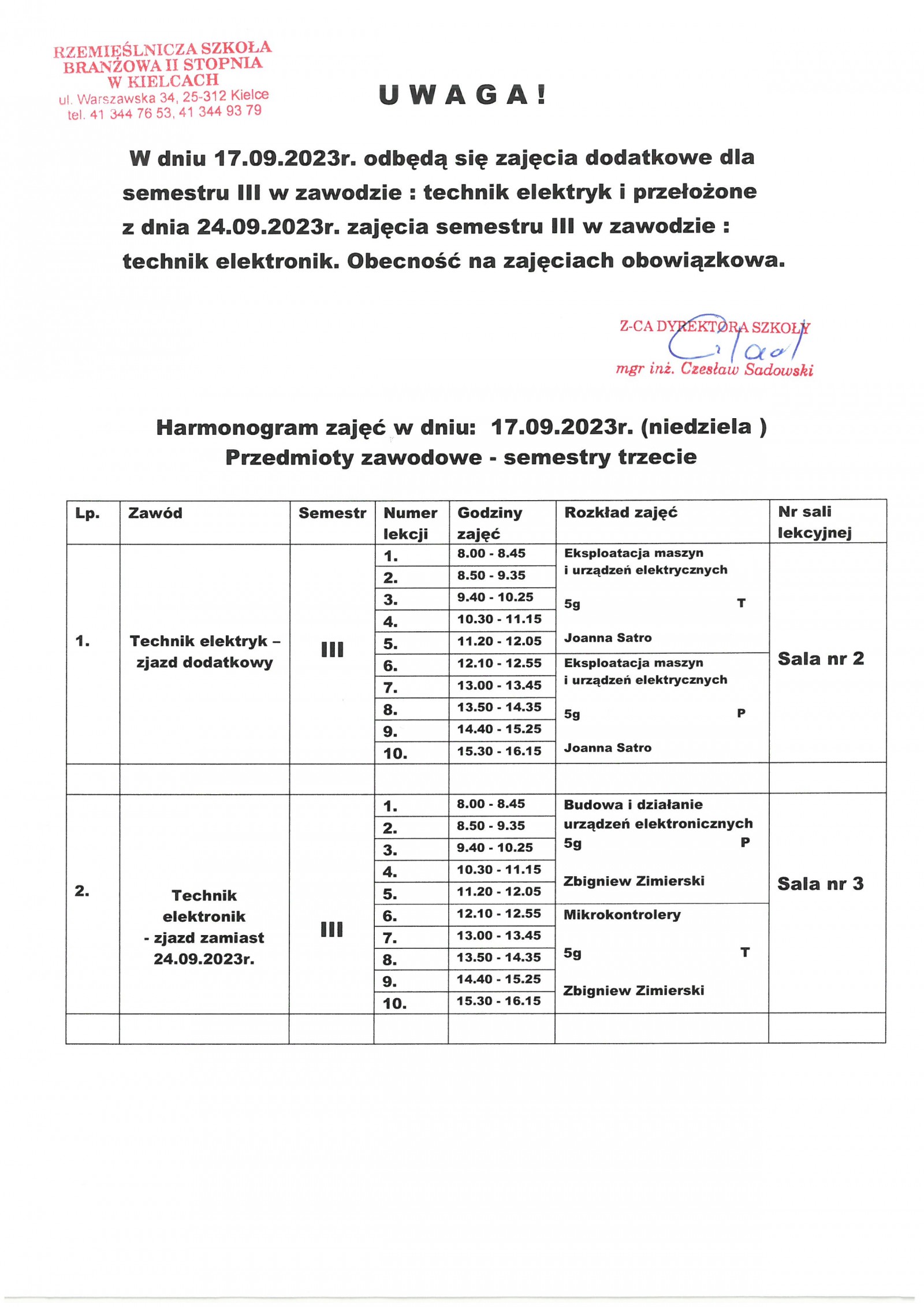 Harmonogram zajęć w dniu 17.09.2023 - przedmioty zawodowe - semestr III