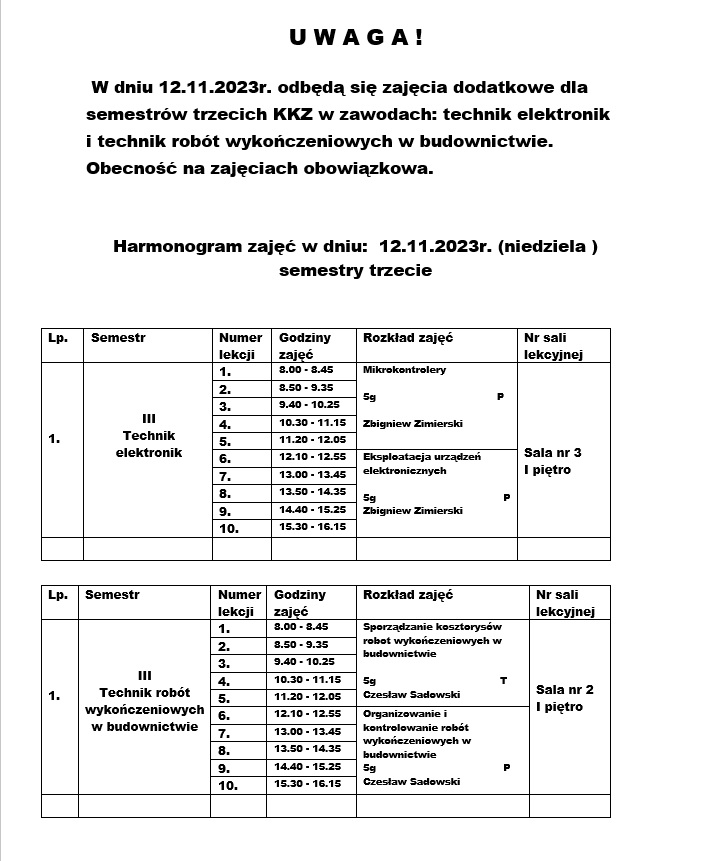 Harmonogram zajęć dodatkowych w dniu 12.11.2023