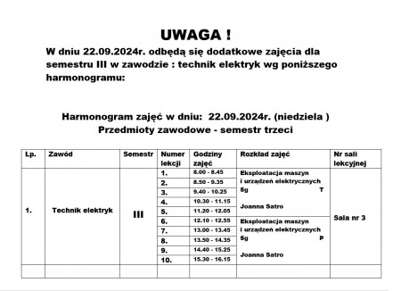 Technik elektryk semestr III - zajęcia dodatkowe